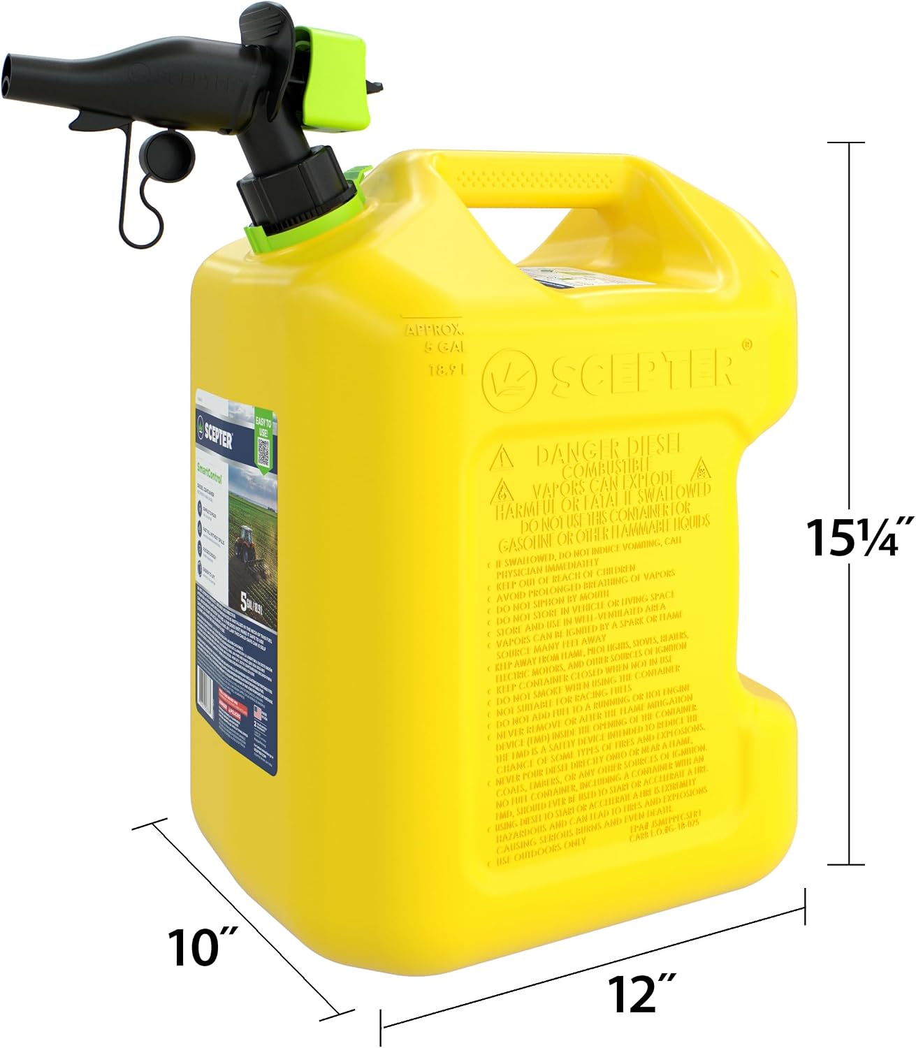 Scepter 5G Gas Can with Spill Proof SmartControl Spout, Diesel Only, 4-Pack