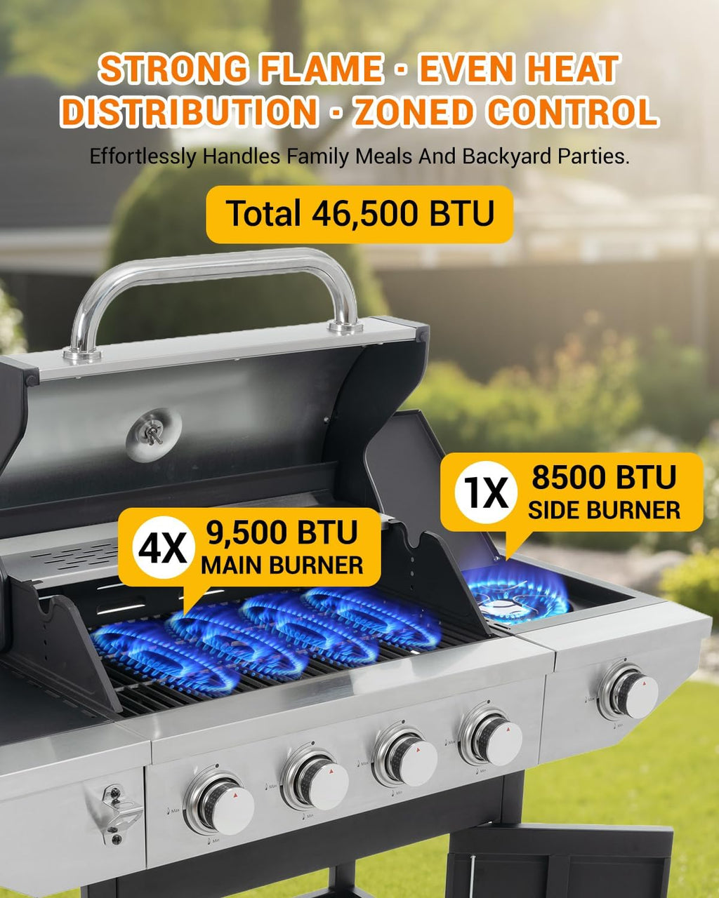 EUHOME 4-Burner Propane Gas BBQ Grill with Side Burner, 46,500 BTU Output Stainless Steel Barbecue Grill with Enameled Cast Iron Grates and Side Tables for Outdoor Cooking Kitchen and Patio Backyard