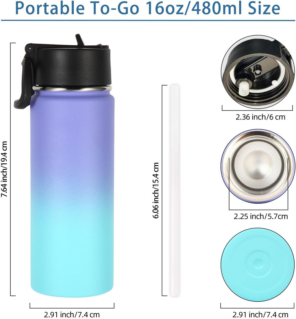Volhoply 16 OZ Kids Water Bottle Bulk 4 Pack,Insulated Sports Bottles with Straw Lid,Stainless Steel Bottle with Handle Keep Cold & Hot,Double Wall Vacuum Tumbler Cups for School(Purple Blue, 4)
