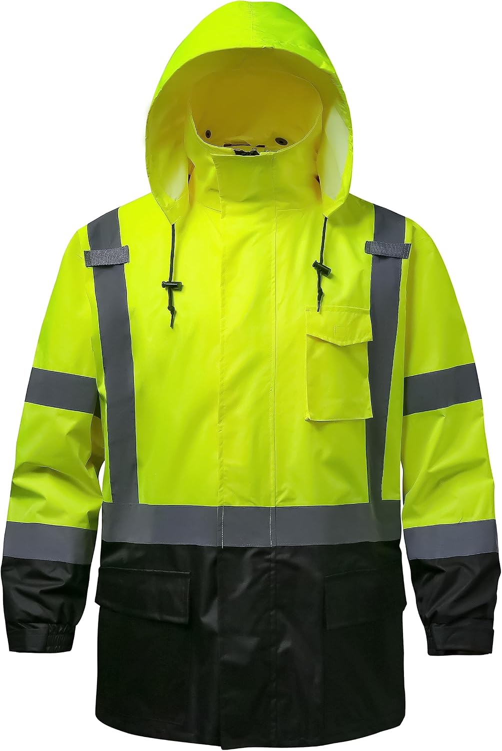 Reflective Rain jackets for men waterproof,Hi Vis Safety Coat With Reflective Strips，High Visibility Class 3 Rain jackets With 2 large pockets，Zipper,Black Bottom Lime,SM/MD