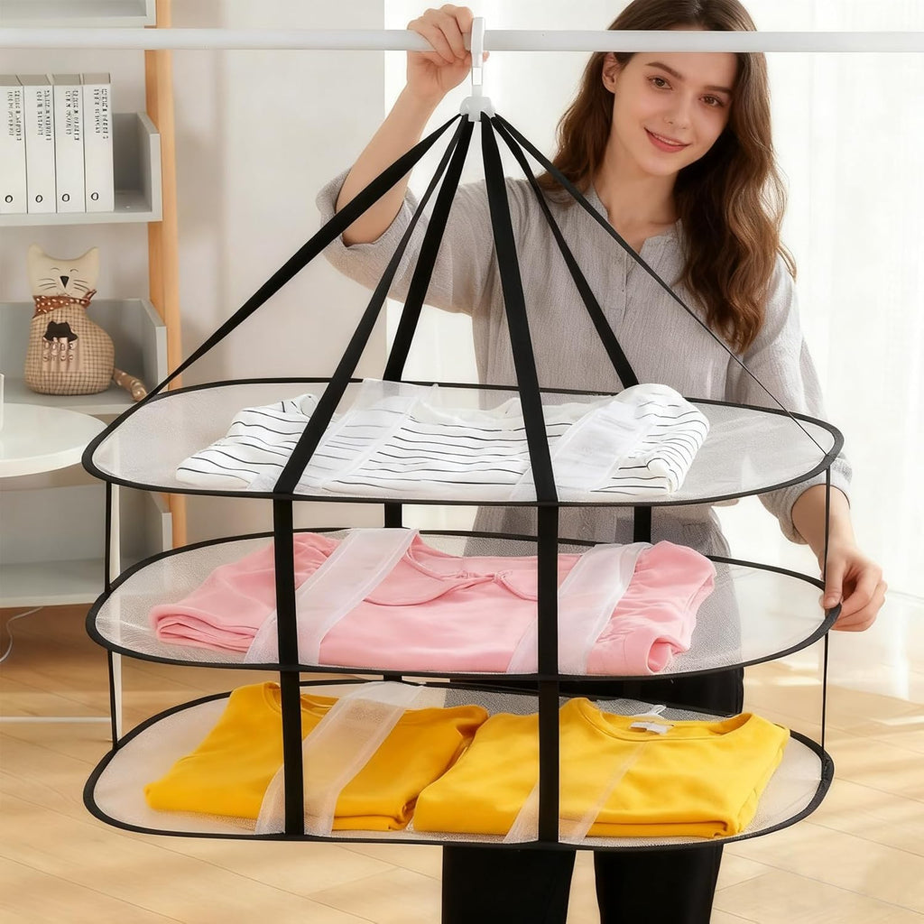 Fashion & Lifestyle 3-Tier Foldable Clothes Black Drying Rack, Hanging Mesh Laundry Dryer with Sturdy Frame for Delicates/Sweaters/Underwear, Space-Saving Indoor Outdoor Drying Organizer
