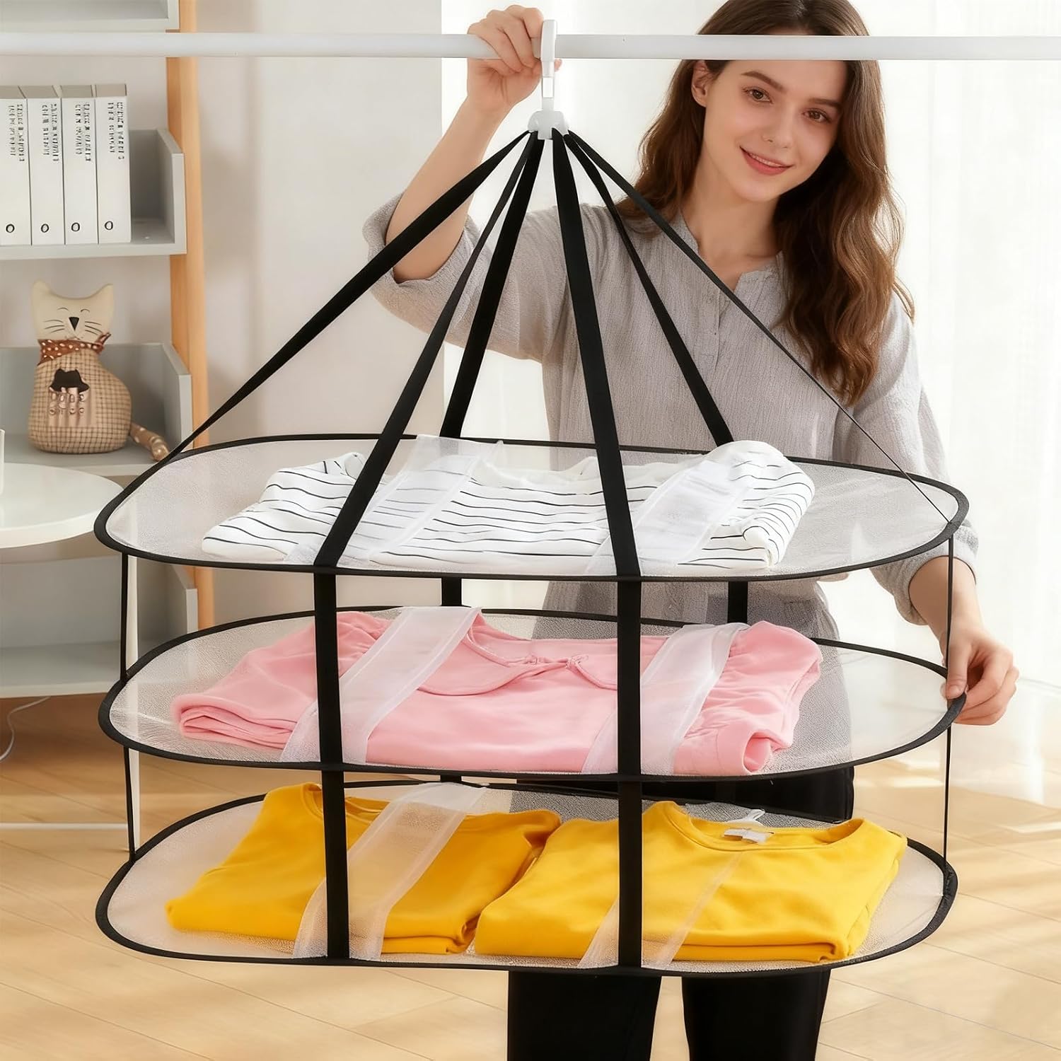 Fashion & Lifestyle 3-Tier Foldable Clothes Black Drying Rack, Hanging Mesh Laundry Dryer with Sturdy Frame for Delicates/Sweaters/Underwear, Space-Saving Indoor Outdoor Drying Organizer