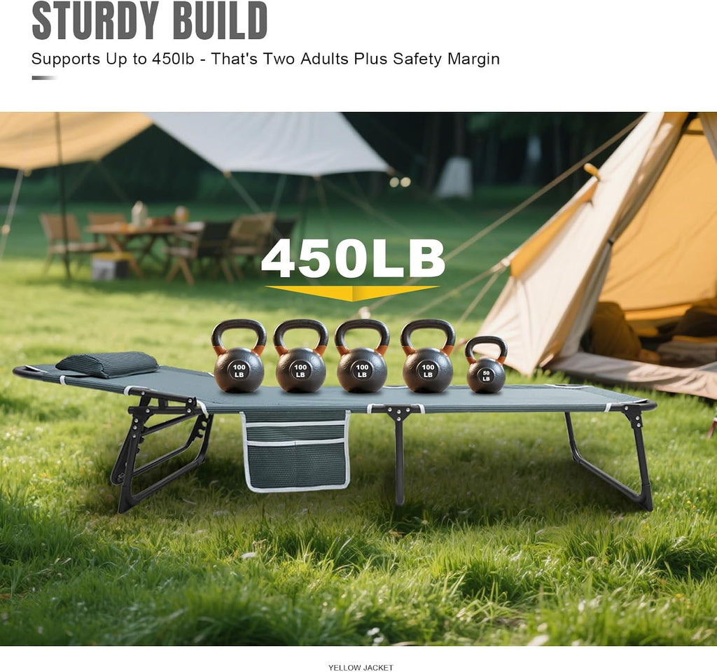 YELLOW JACKET Folding Sleeping Cot, Camping Cot with Mattress for Adults 450lbs Max Load, Portable Camping Cot with Pillow, Adjustable 5-Position Cot for Camping, Home,Office,Travel