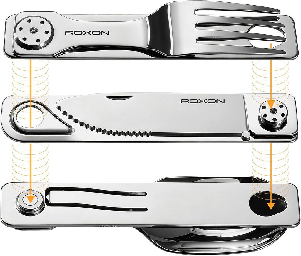 ROXON 3-in-1 Camping Utensils Set with Case (Knife, Spoon, Fork) Silver