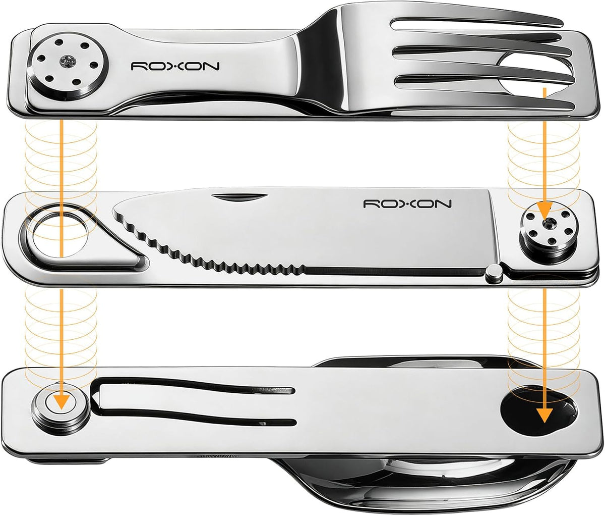 ROXON 3-in-1 Camping Utensils Set with Case (Knife, Spoon, Fork) Silver
