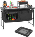 VEVOR Camping Kitchen Table, Folding Outdoor Cooking Table, 3 Adjustable Heights, Aluminum Lightweight Portable Cook Station with Storage Organizer, Carry Handle, for BBQ Party Picnic RV Travel, Black