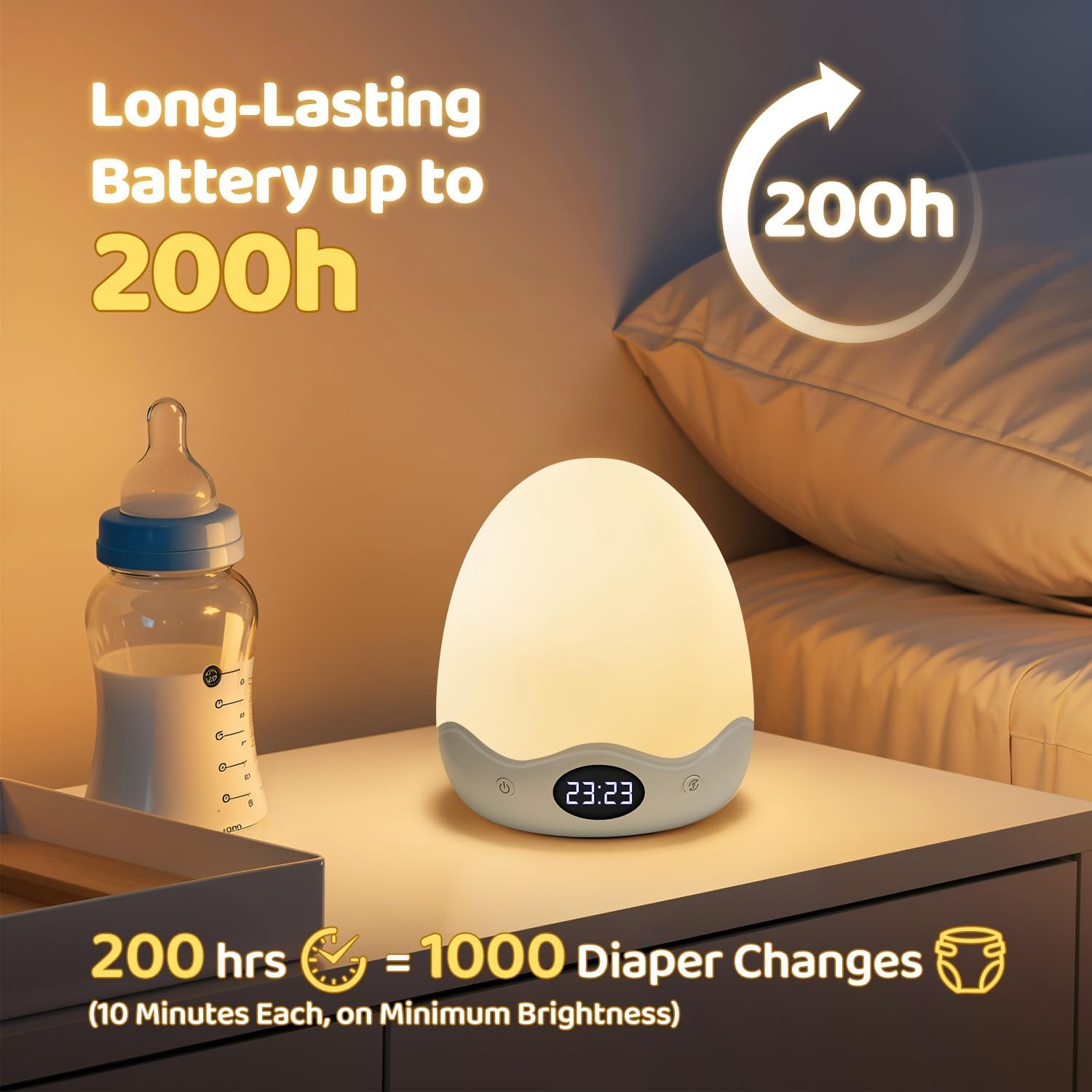 COOLNIGHT Egg Light with Clock,Stepless Dimming&10 Colors Baby Night Light