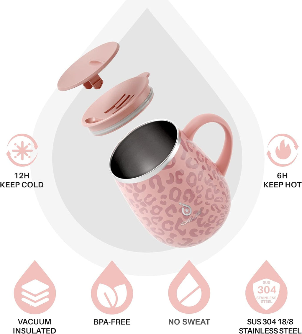 Ideus 16 oz Insulated Coffee Mug with Lid and Handle (Leopard Pink)