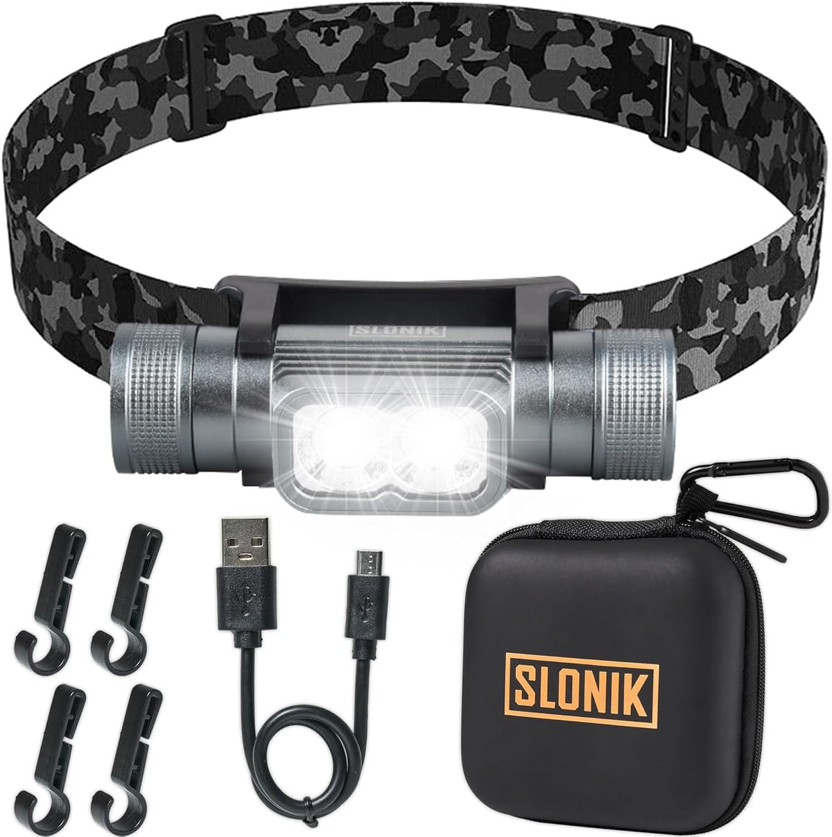 SLONIK Rechargeable Headlamp for Adults - 1000 Lumens Super Bright 60 ft Beam LED Flashlight - Lightweight, Heavy-Duty, IPX4 Waterproof Hard Hat Light - Camping Gear, Running Headlight, Black