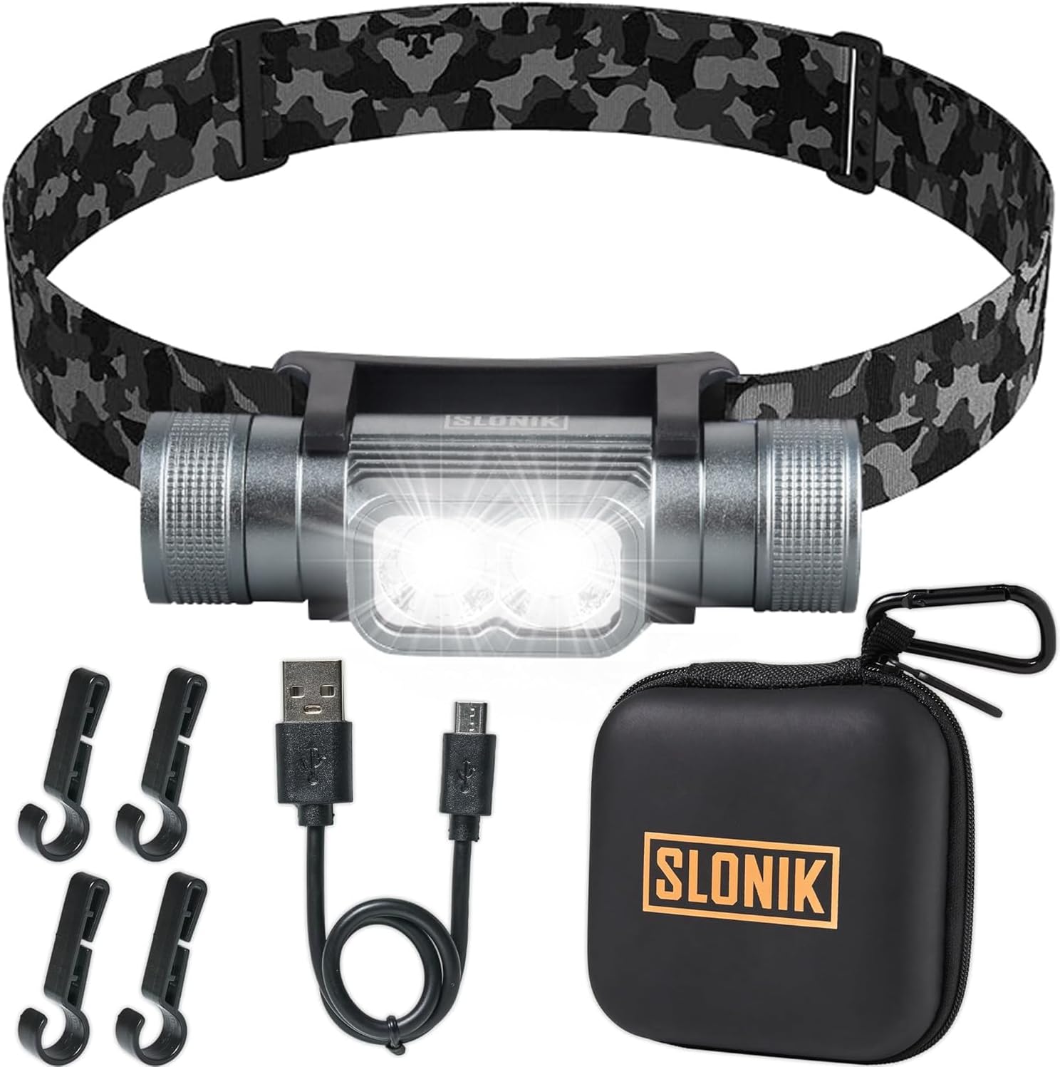 SLONIK Rechargeable Headlamp for Adults - 1000 Lumens Super Bright 60 ft Beam LED Flashlight - Lightweight, Heavy-Duty, IPX4 Waterproof Hard Hat Light - Camping Gear, Running Headlight, Gray