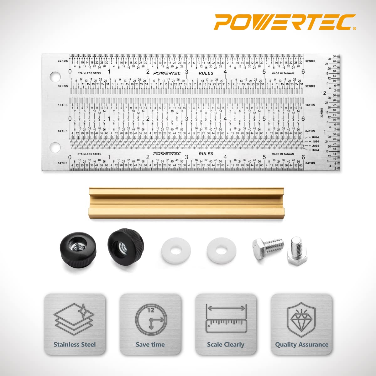 POWERTEC 6'' & 12'' Stainless Steel Precision Marking T-Square, T Rule w/Pencil for Measuring, Scribing, Setting Up Bits Height, Woodworking & Crafting Marking Tools for Drill Press,Table Saw 80032