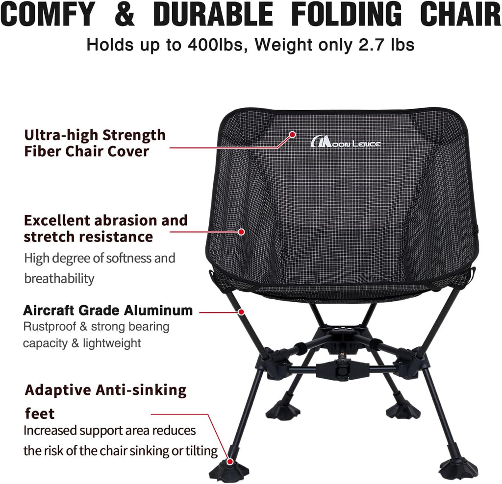 MOON LENCE Portable Camping Chair Backpacking Chair Ultralight Folding Chairs with Tear Resistant Fabric， Detachable Anti-Sinking Feet for Beach, Black