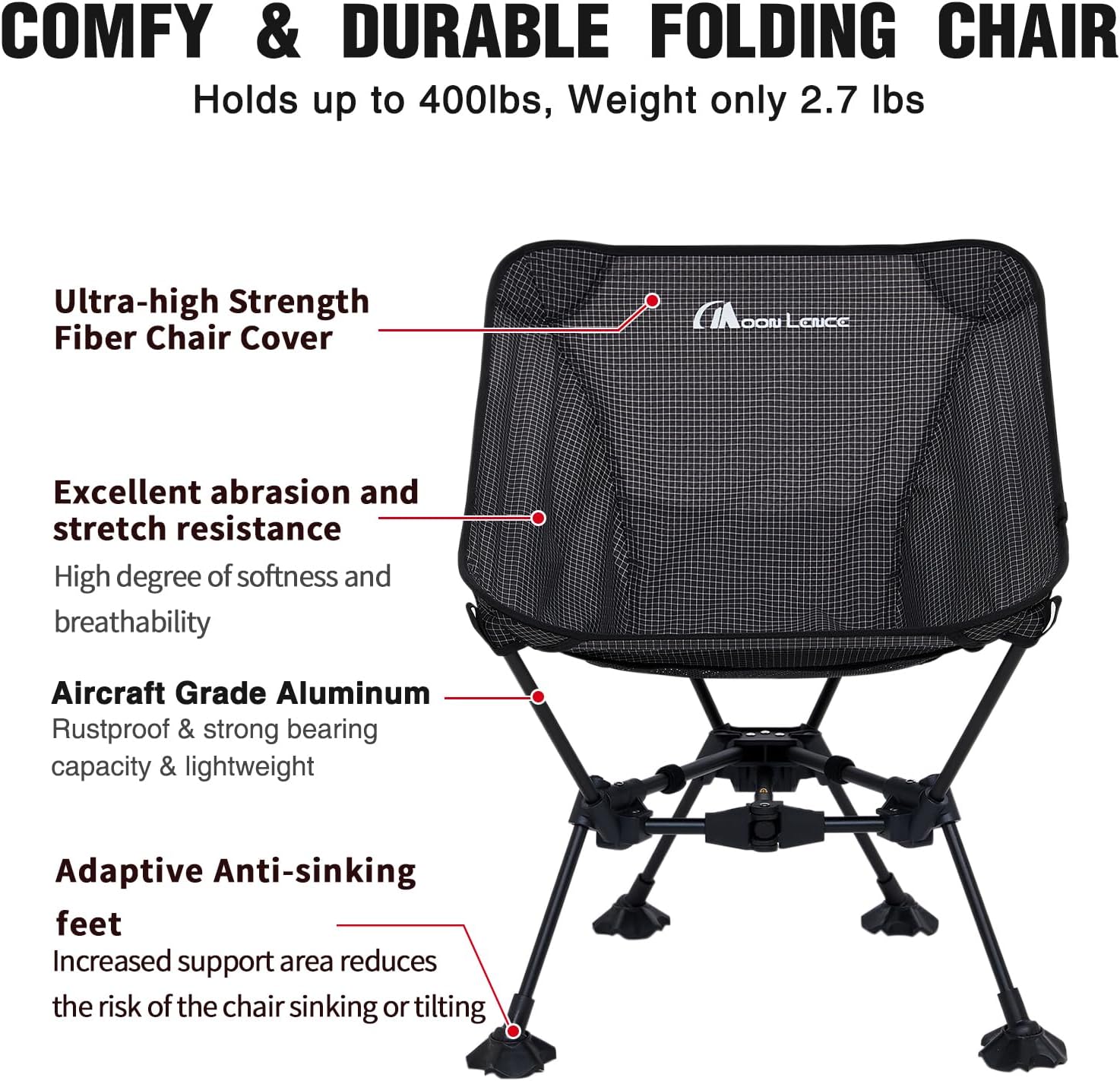 MOON LENCE Portable Camping Chair Backpacking Chair Ultralight Folding Chairs with Tear Resistant Fabric， Detachable Anti-Sinking Feet for Beach, Black