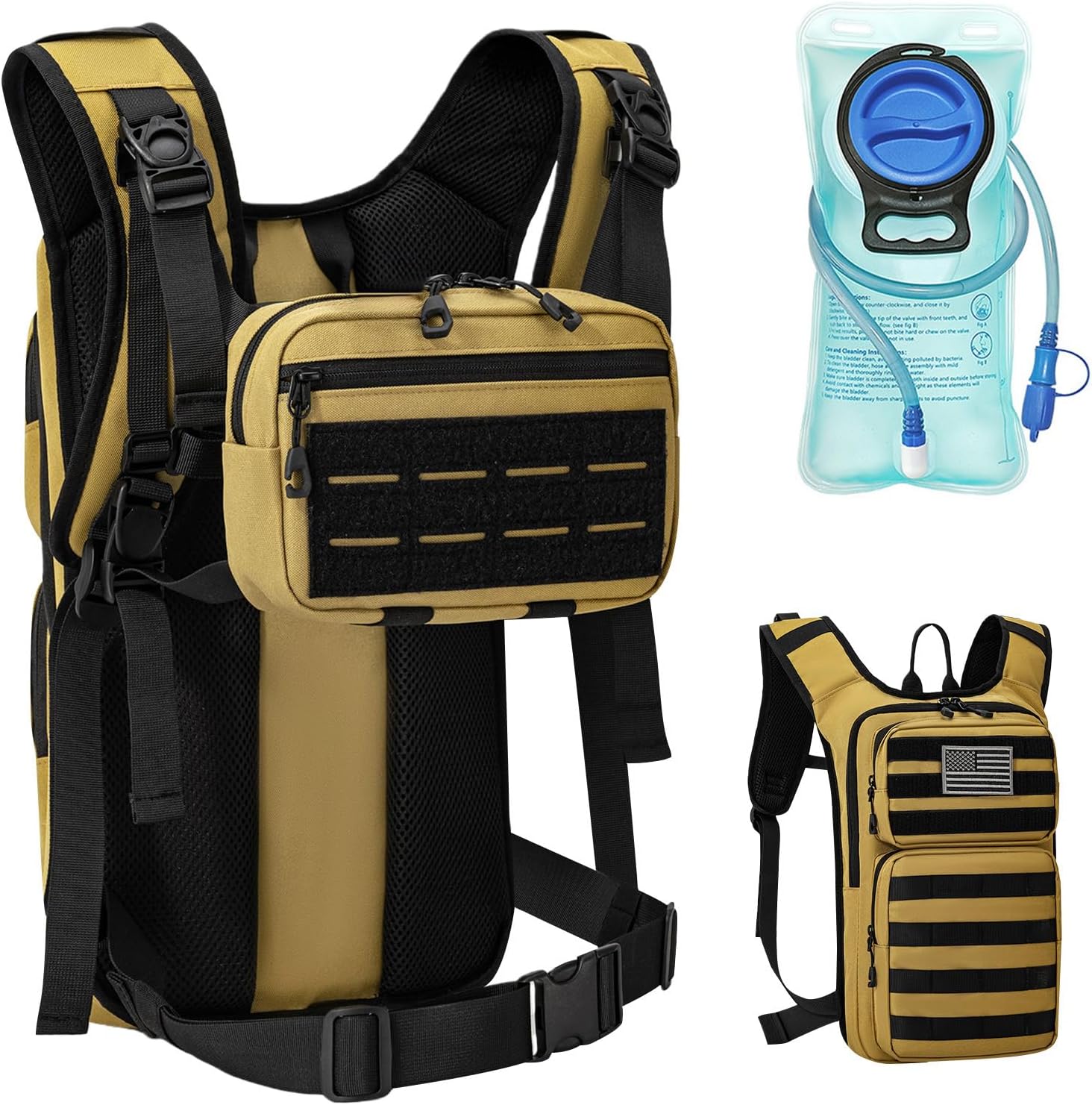 Koculemi Tactical Hydration Backpack with 2L Water Bladder and Front Small Tactical Pouch, Outdoor Water Backpack for Men Women, Sports Hydration Pack for Hiking, Cycling,Climbing