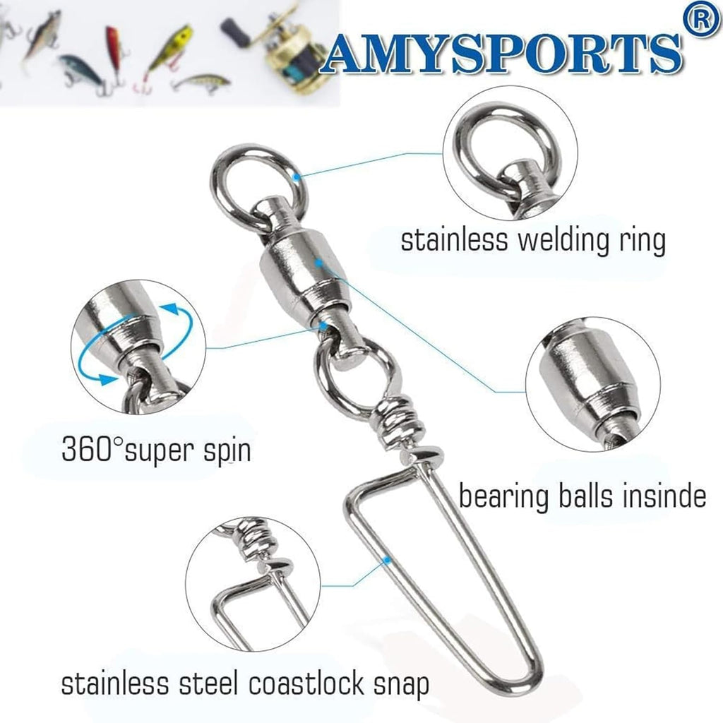 AMYSPORTS High Strength Fishing Snap Swivels - Stainless Steel Ball Bearing Swivels - Saltwater & Freshwater Fishing