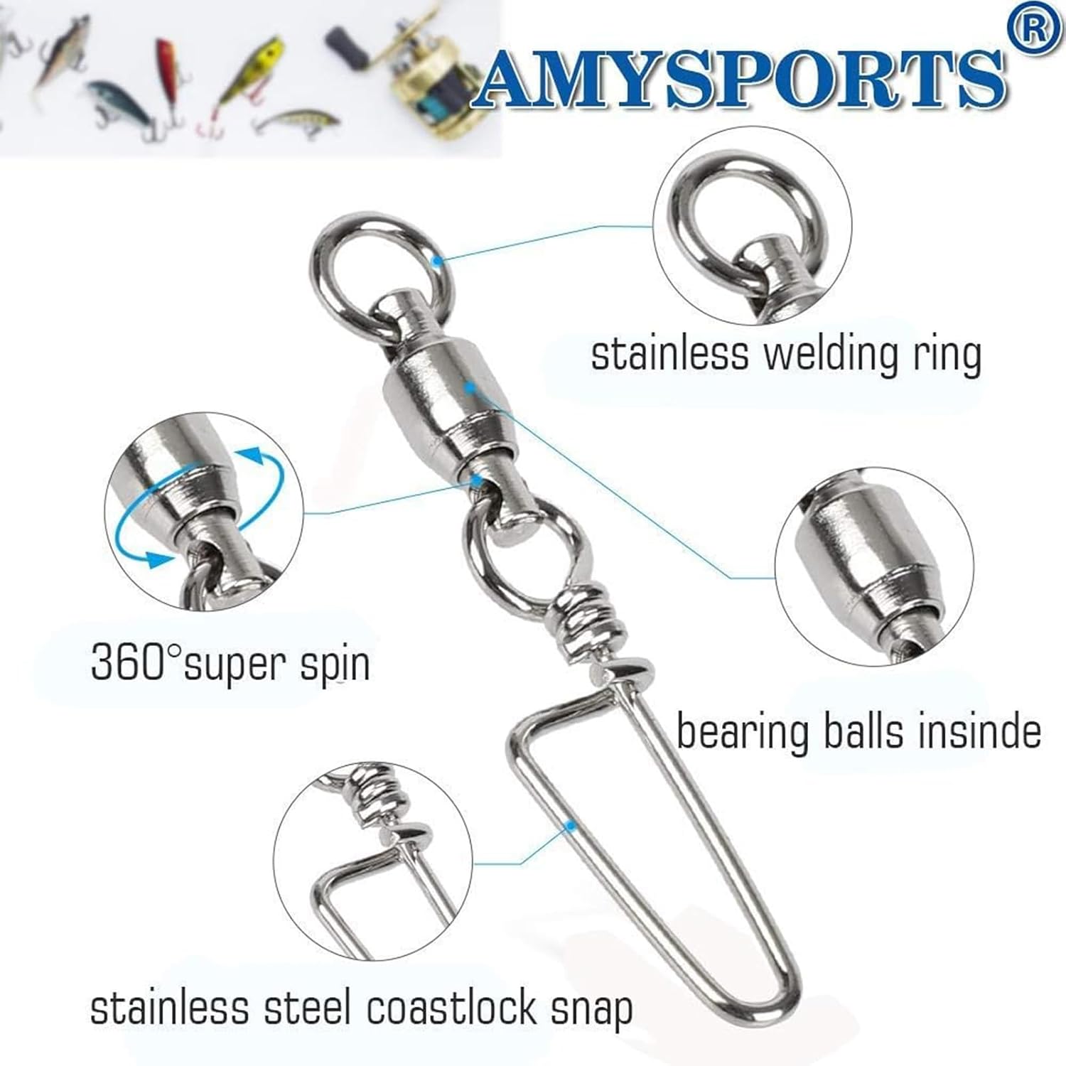 AMYSPORTS High Strength Fishing Snap Swivels - Stainless Steel Ball Bearing Swivels - Saltwater & Freshwater Fishing