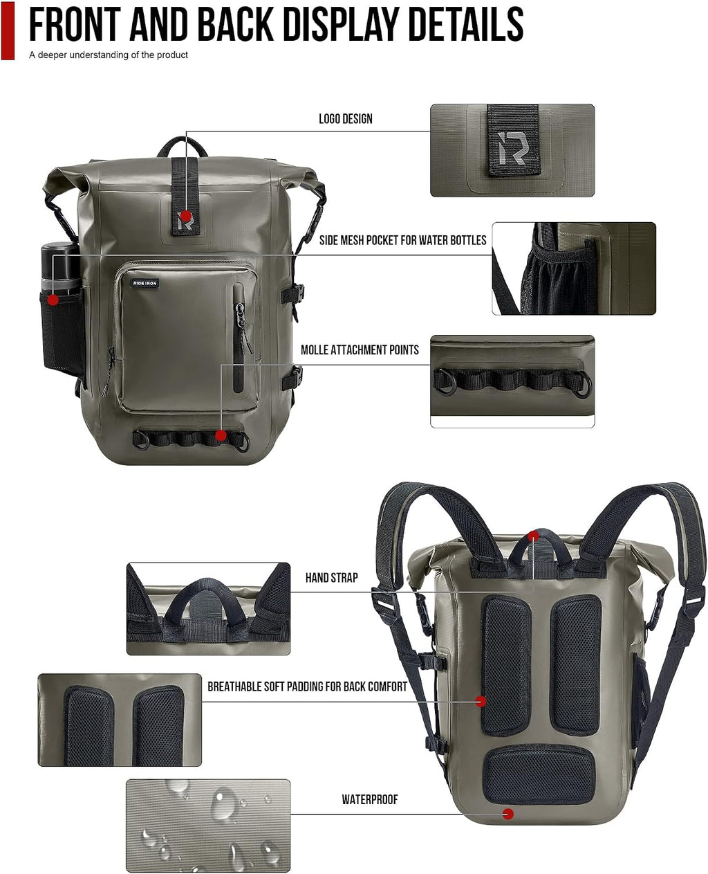 RIDEIRON Waterproof Backpack, Motorcycle Dry Bag with Roll Top Closure 35L