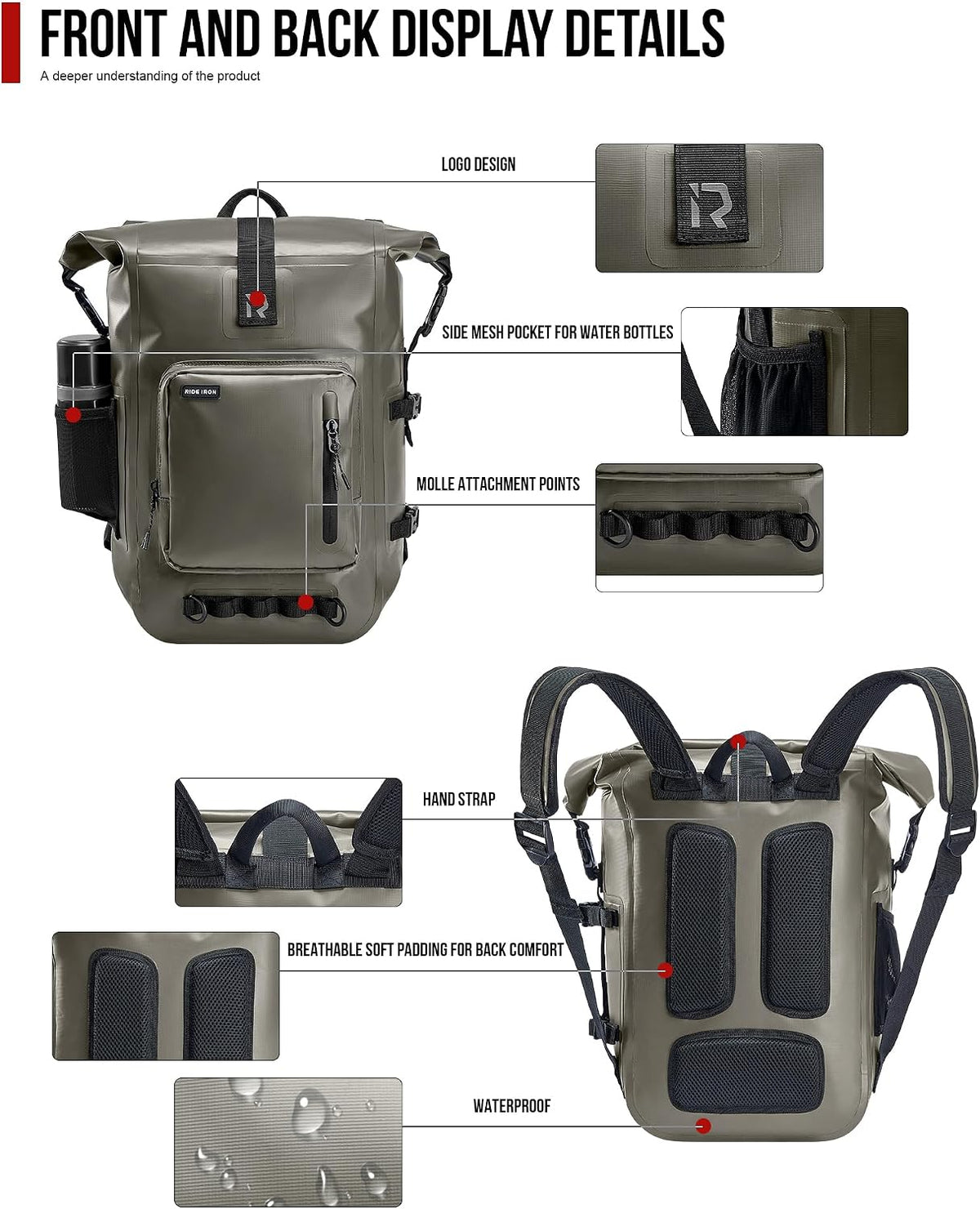 RIDEIRON Waterproof Backpack, Motorcycle Dry Bag with Roll Top Closure 35L