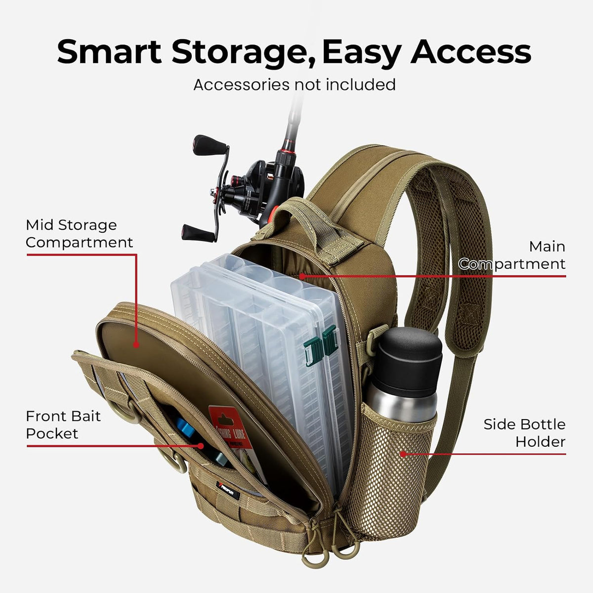 Piscifun Fishing Backpack, Rod Holders, Lightweight Sling Bag, Khaki