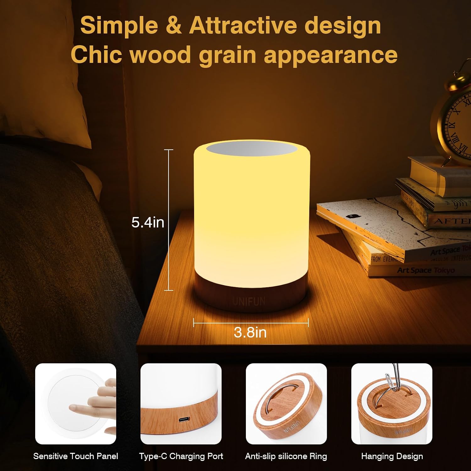 UNIFUN Bedside Touch Lamp Rechargeable Dimmable RGB LED Table Night Light