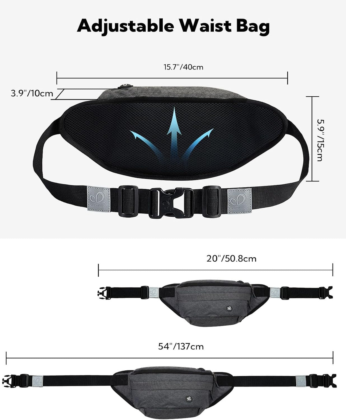 WATERFLY Running Belt Fanny Pack: Runner Marathon Jogging Waist Pack Sport Workout Exercise Fitness Phone Holder Belt for Men Women Jogger Slim Waistband Black