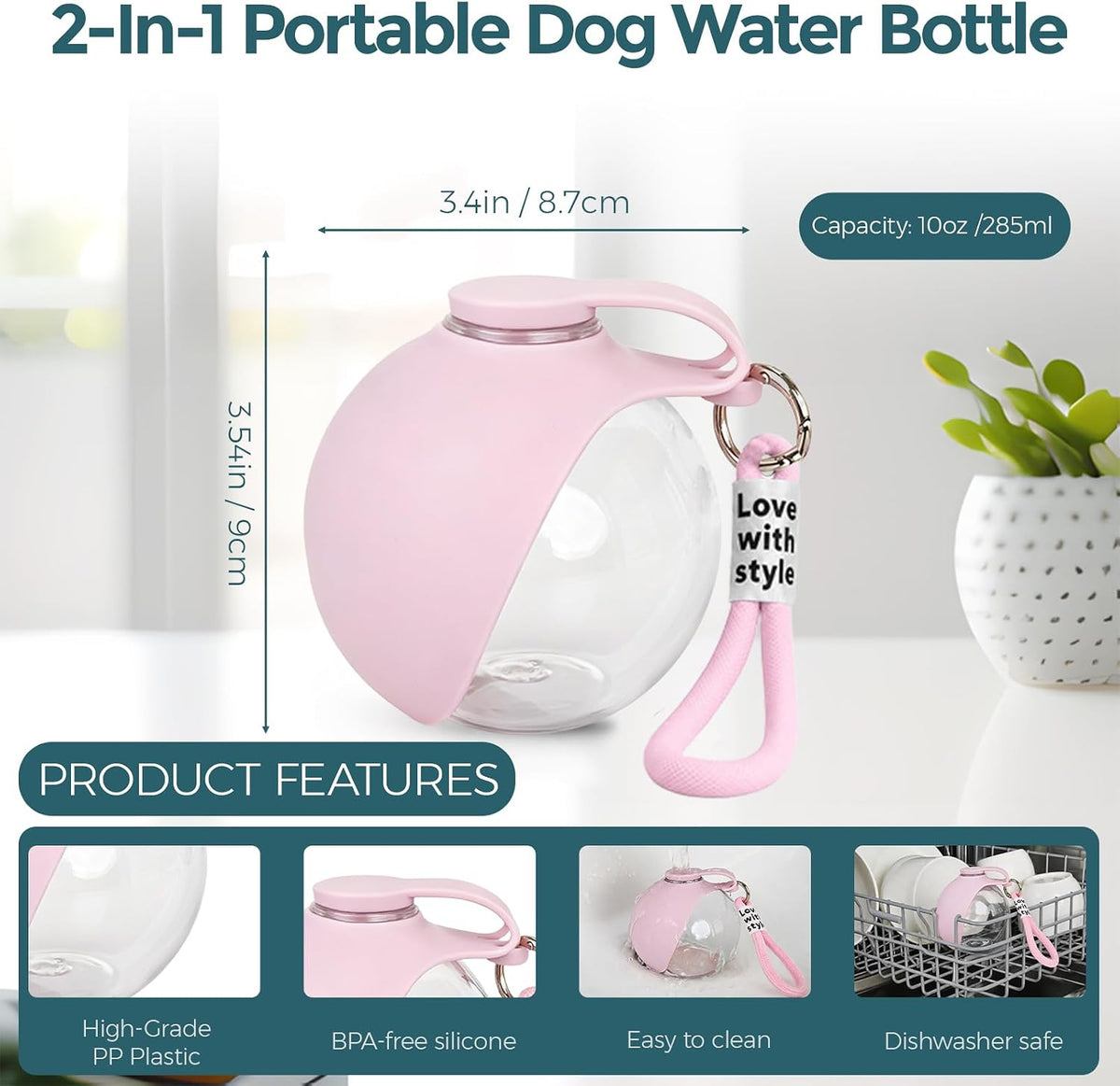 Portable 10oz Dog Water Bottle, Leakproof Cup with Folding Silicone Bowl