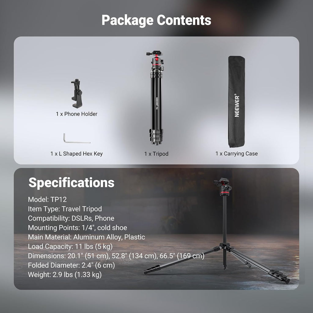 NEEWER Basics 66.5"/169 cm Travel Tripod for Camera, Lightweight Portable DSLR Stand with Ball Head, Arca Type QR Plate, Cell Phone Holder Compatible with iPhone Video Recording, Max Load 11 lb, TP12