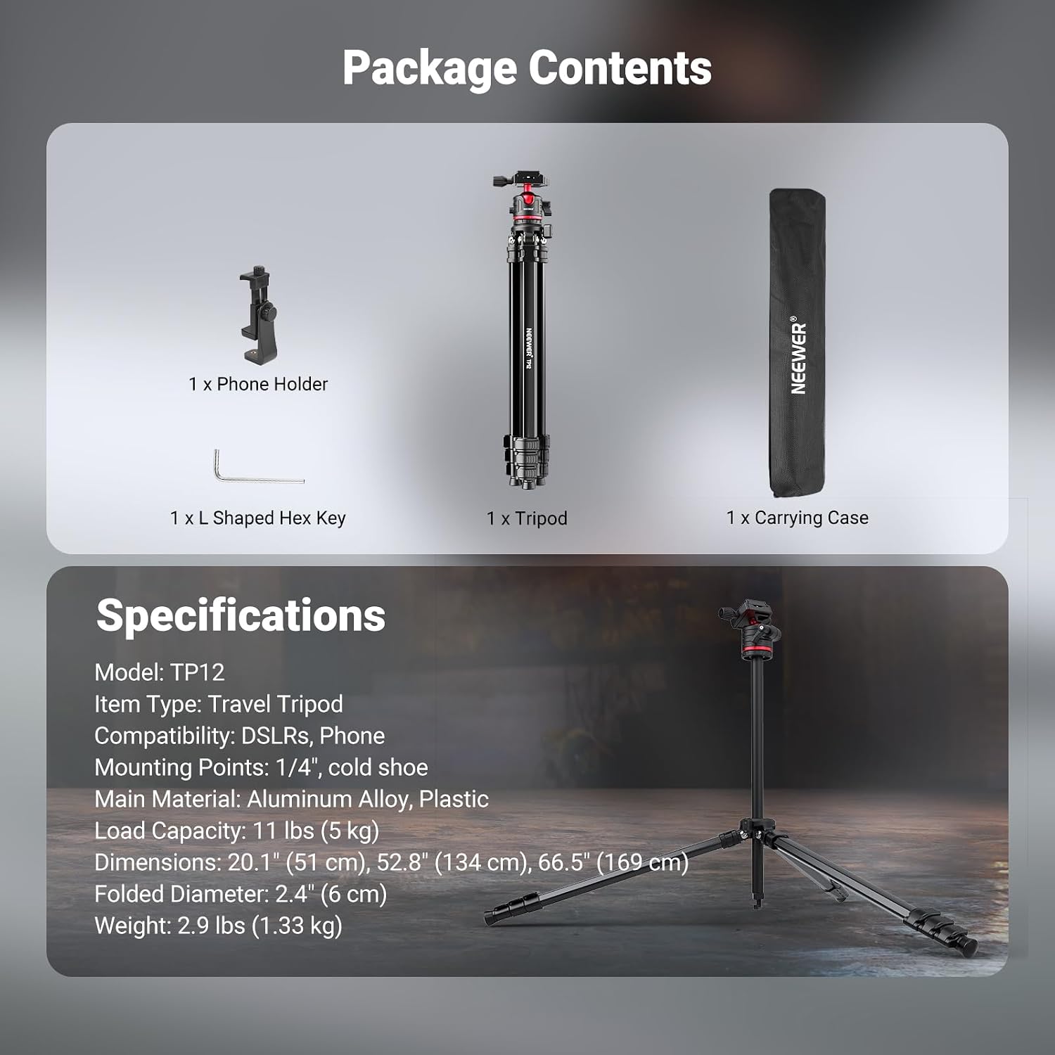 NEEWER Basics 66.5"/169 cm Travel Tripod for Camera, Lightweight Portable DSLR Stand with Ball Head, Arca Type QR Plate, Cell Phone Holder Compatible with iPhone Video Recording, Max Load 11 lb, TP12