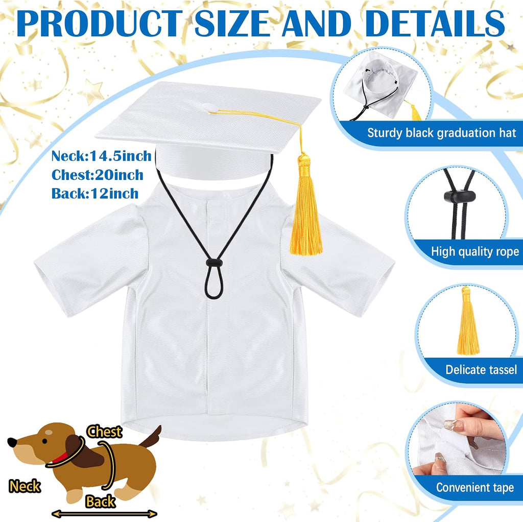 Chicingyou Small Dog Graduation Cap and Gown 2026 with Stole Washable Shirt and Hat Pet Graduation Gown Costume Outfit for Tiny Dog Little Cat Doll Clothes Holiday Halloween Costume Accessory (White)