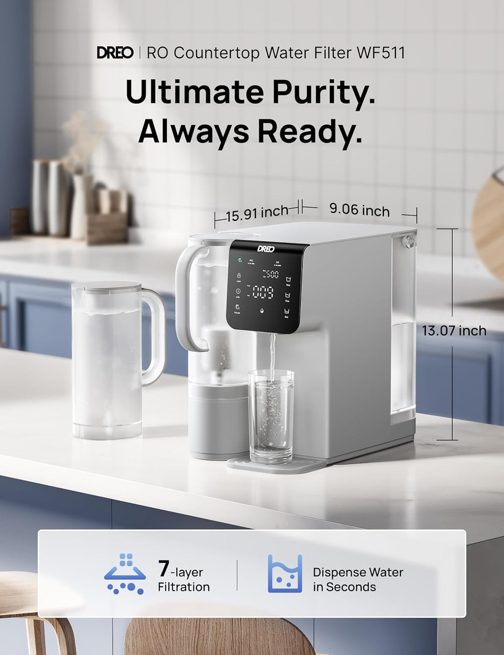 DREO Reverse Osmosis Water Filter Countertop, 7-Stage RO Water Filtration System, Installation-Free, Reduce TDS, Water Filter Pitcher for Home, Kitchen, 3:1 Pure to Drain, WF511 Upgraded