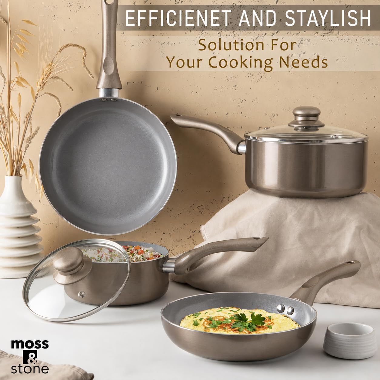 Moss & Stone Pots and Pans Set Nonstick, 6-Piece Induction Cookware Set