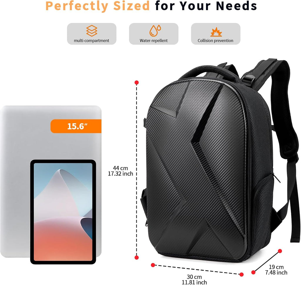 Camera Backpack Hard Shell Imitation Carbon Fiber DSLR, Waterproof Shockproof w/15.6" Lap Comp for Photo, Travelers & Daily.