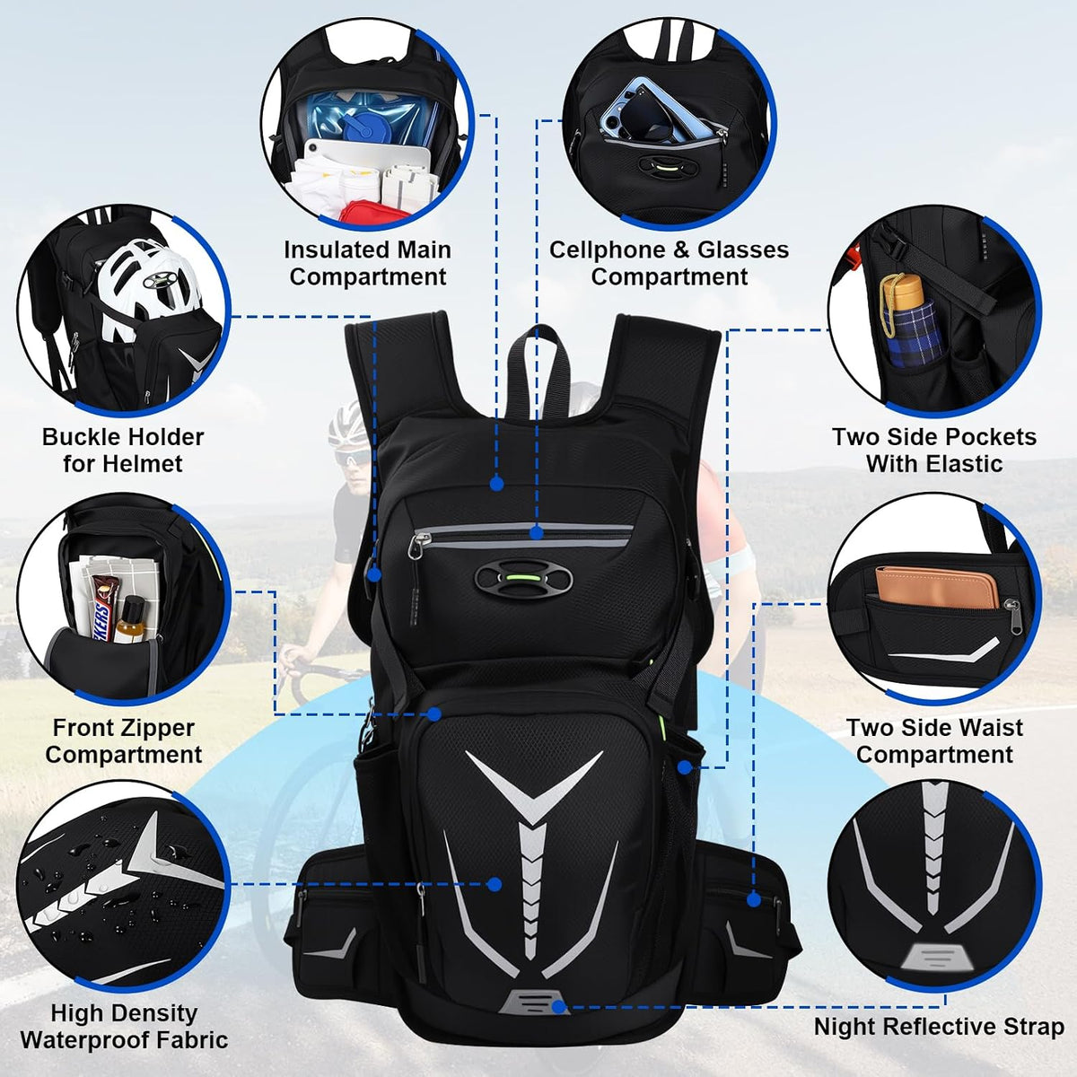 Insulated Hydration Backpack with 3L Water Bladder - 18L Leak-Proof Hiking Daypack, Lightweight Water Backpack for Men & Women, Gear for Trail Running, Cycling, Rave Festivals & Outdoor Sports