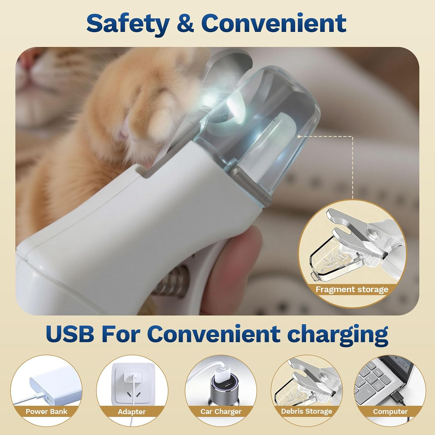 2-in-1 Dog&Cat Nail Clippers with Light, Type-c Pet Claw Trimmer & Grinder