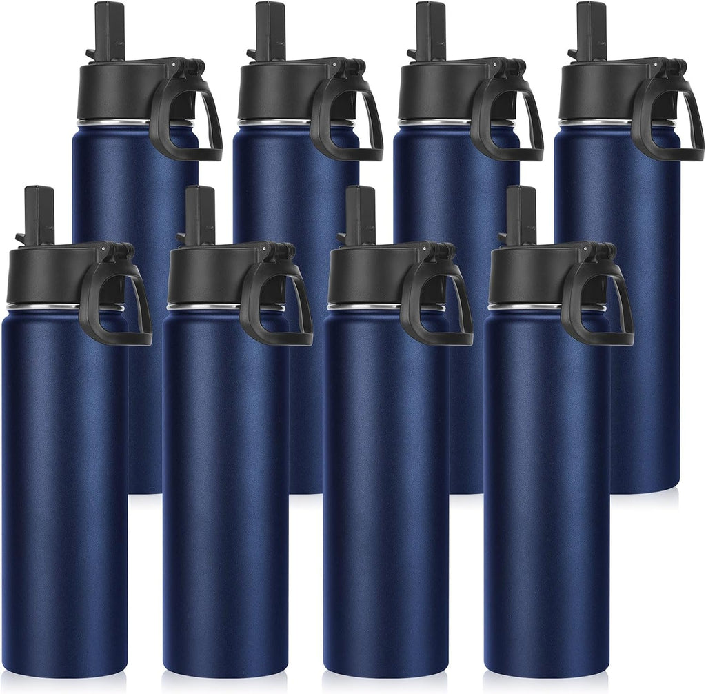 Neihepal 22 oz Insulated Water Bottles Bulk, Stainless Steel Water Bottles Bulk with Leak Proof Straw Lid, Wide Mouth Double Walled Vacuum Keeps Cold and Hot(Navy,8 Pack)