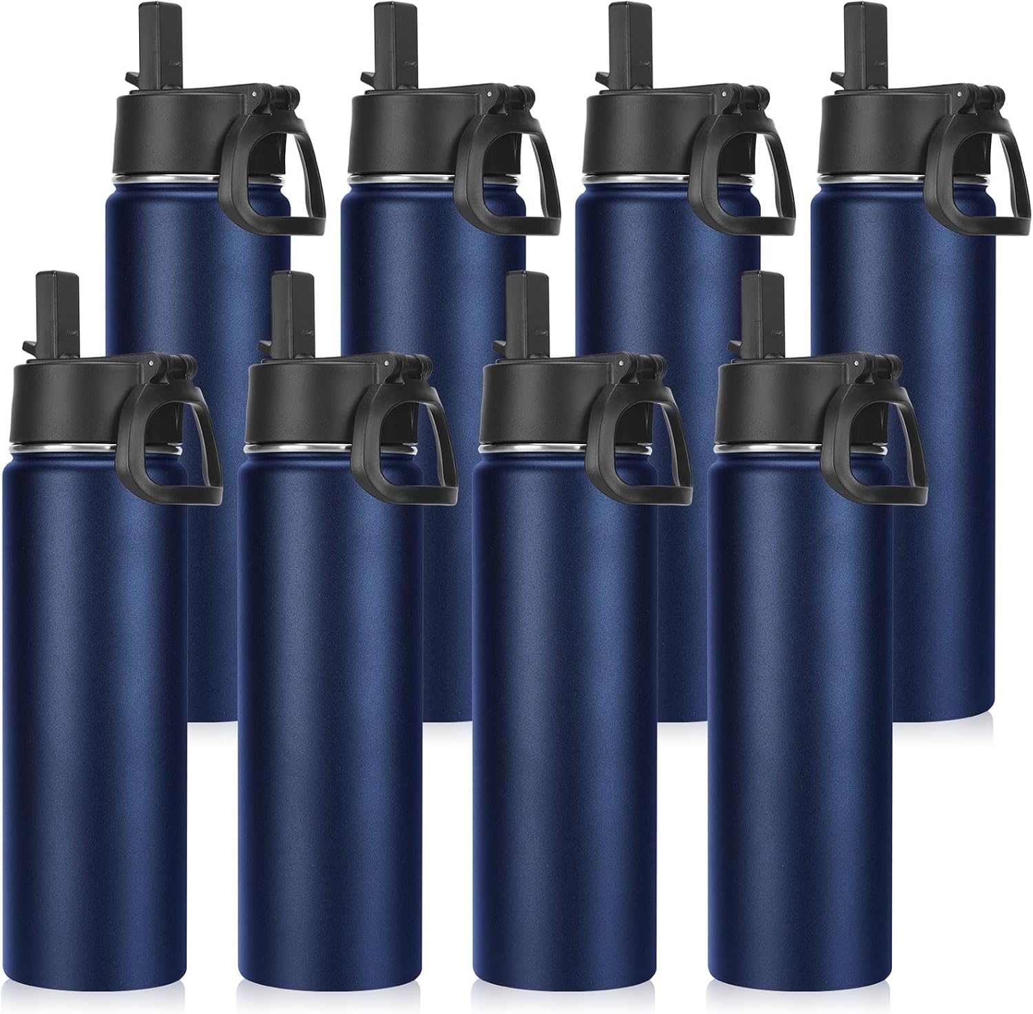 Neihepal 22 oz Insulated Water Bottles Bulk, Stainless Steel Water Bottles Bulk with Leak Proof Straw Lid, Wide Mouth Double Walled Vacuum Keeps Cold and Hot(Navy,8 Pack)