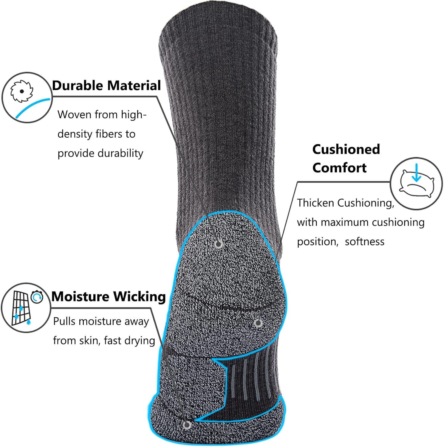 CWVLC Crew Hiking Socks, Cushion, Moisture Wicking, Arch Compression Boot Socks