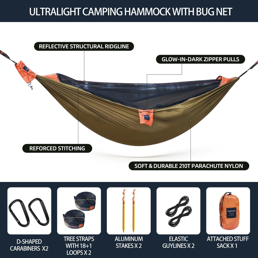 Camping Hammock with Integrated Mosquito Net, Ultralight Backpacking Hammock with Tree Straps & End-Aligned Stuff Sack, 210T Parachute Nylon Single Outdoor Portable Hammock-Olive Green & Orange