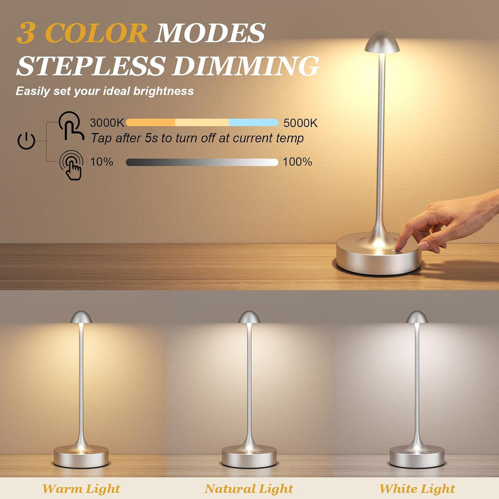 Kakanuo Rechargeable Cordless Table Lamp, Battery Operated Lamps, 3-Color Stepless Dimming, Portable Wireless Desk Lamp, LED Lighting for Dining Room, Restaurant, Office, Bar, Home(Silver 2 Pack)