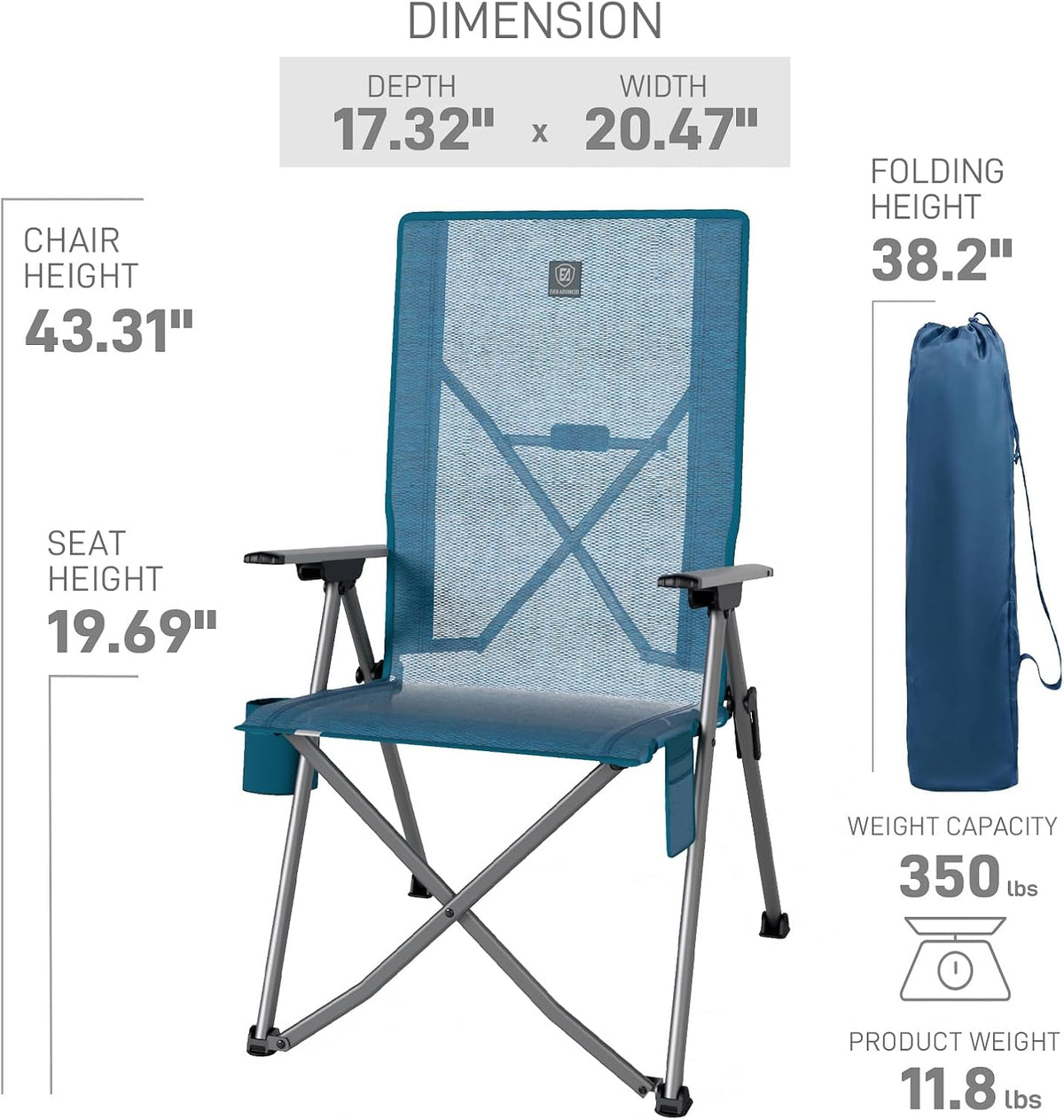 EVER ADVANCED Reclining Camping Chairs for Adult Supports 350lbs Mesh Blue