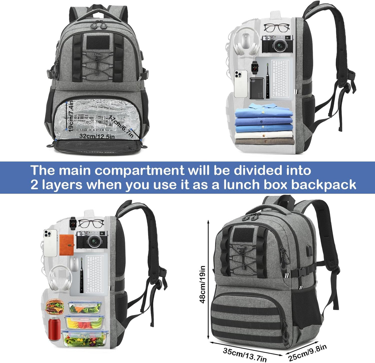 40L Laptop Lunch Backpack for Men with Lunch Compartment and USB Port