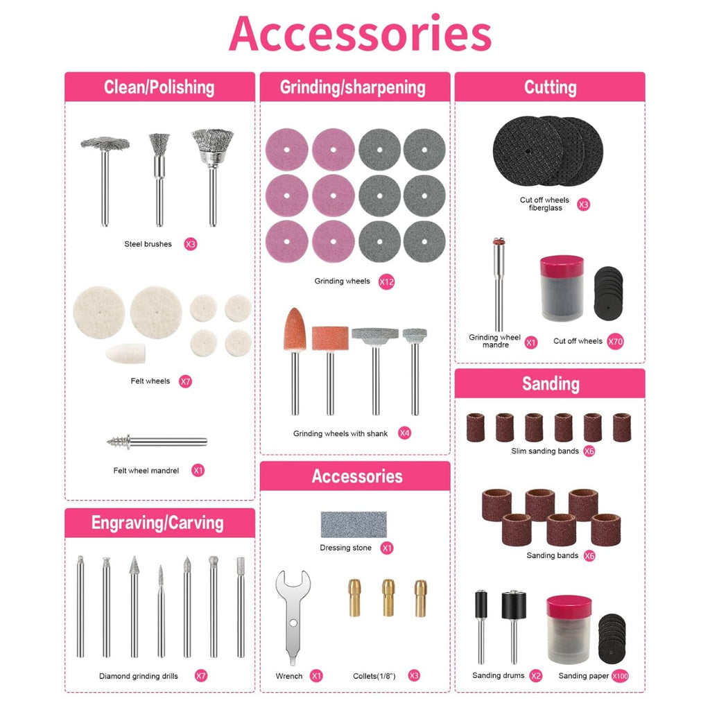 HARDELL Rotary Accessory Kit w/ 1/8" Shanks, Sanding & Carving Pink
