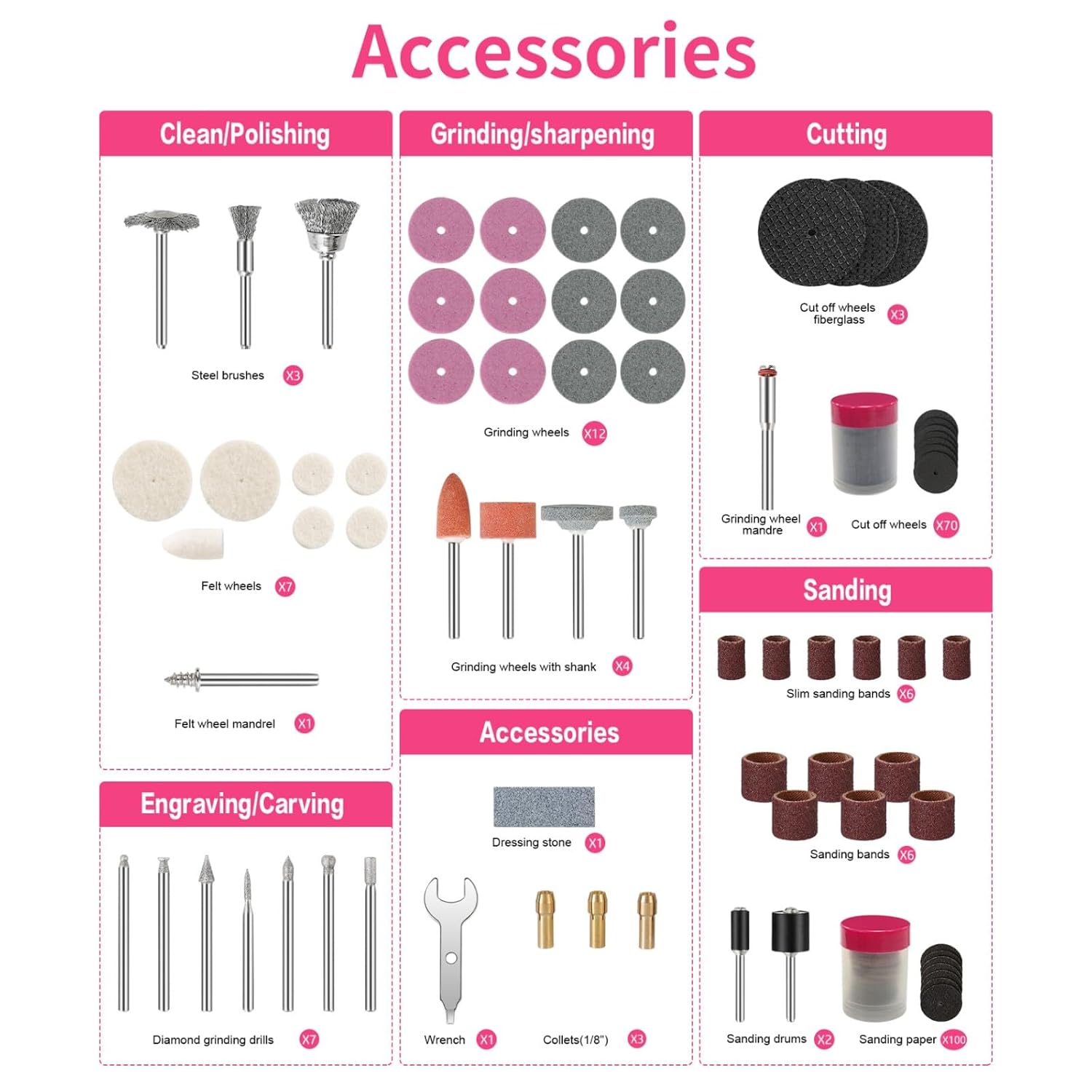 HARDELL Rotary Accessory Kit w/ 1/8" Shanks, Sanding & Carving Pink