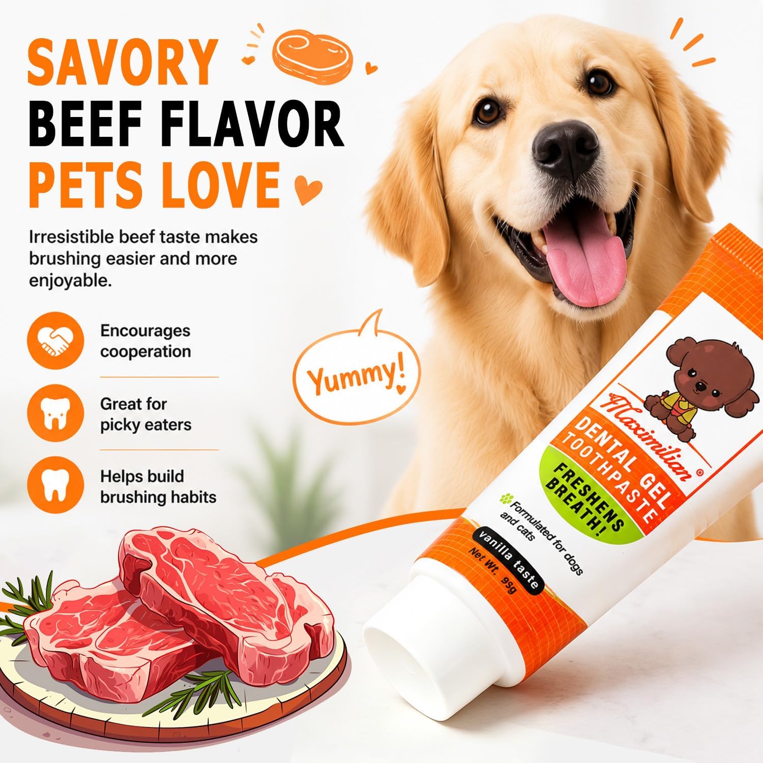 Dog Tooth Brushing Kit for Teeth Cleaning – Beef Toothpaste, Brush & 50 Finger Wipes