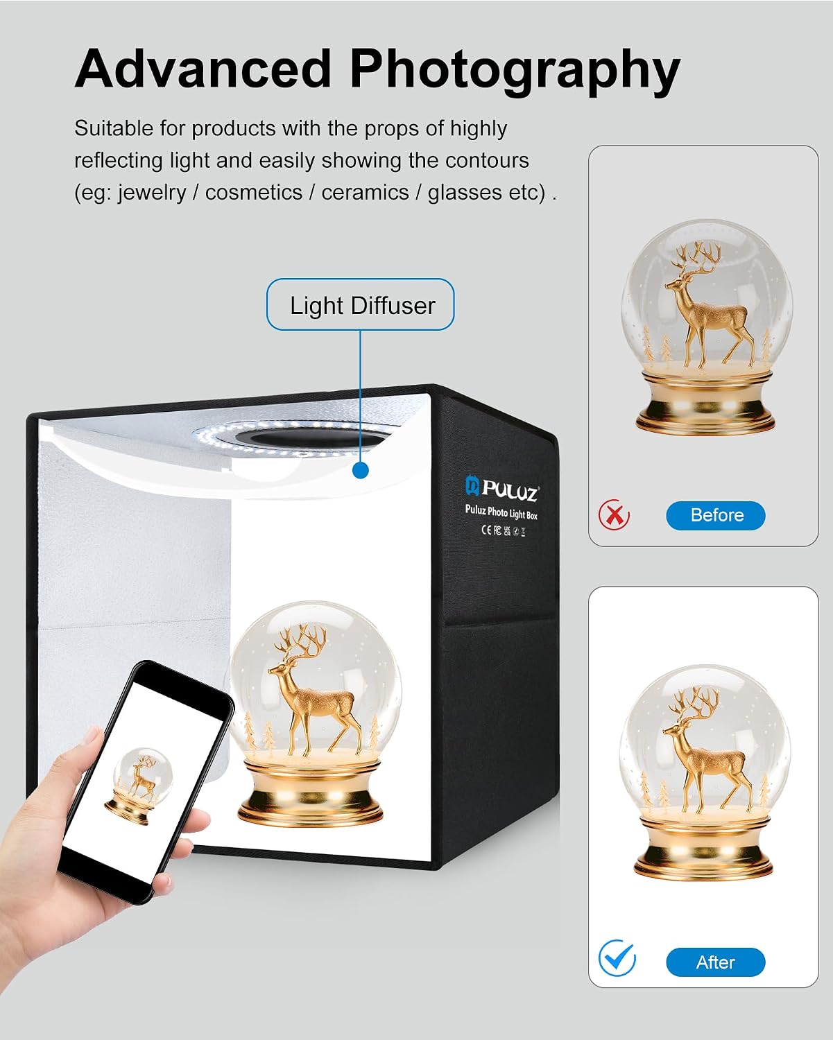 PULUZ Light Box Photography, 12"x12" Professional Dimmable Shooting Tent Kit with CRI >95 White Lighting 120 LEDs Lights + 6 Photo Backdrops for Product Display