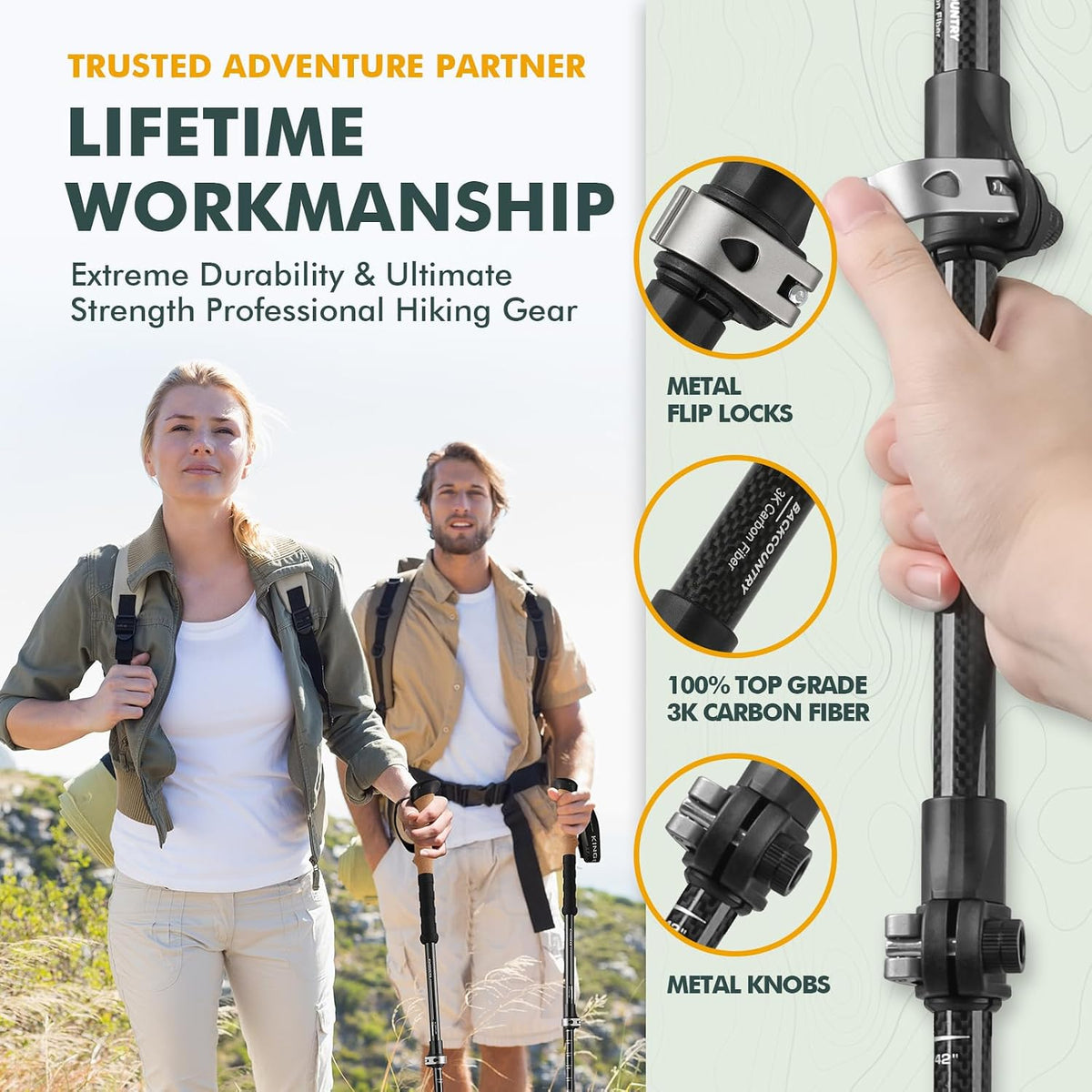 Carbon Fiber Trekking Poles Cork EVA Grip Lightweight | 8.2oz, Telescopic 90-135cm, Metal flip Locks, for Hiking, with Snow/mud/Rubber Tips & Bag