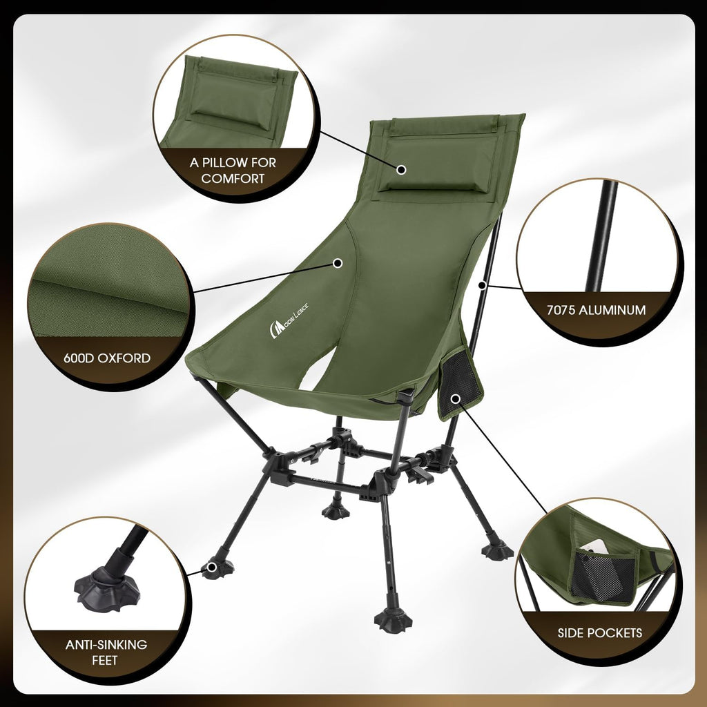 MOON LENCE High Back Folding Camping Chairs, Height-Adjustable, Widened Seat, for Beach with Anti-Sinking Feet (Green)