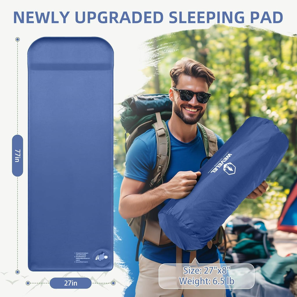 Wevelel Memory Sleeping Pad, 3.1" Ultra-Thick Foam Sleeping Mats for Camping, Easy Inflate&Deflate,9.5 R-Value Insulated Camping Mattress Pad with Pillow, for Car Travel Tent