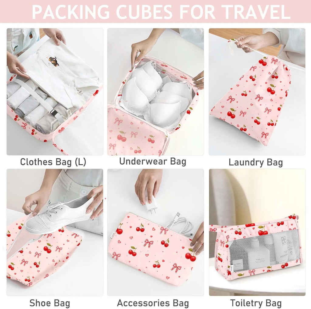 KPX 8 Set Packing Cubes for Travel, Luggage Packing Organizers Accessories Large Toiletries Bag for Clothes Shoes Cosmetics (8Set-Cherry & Bow)