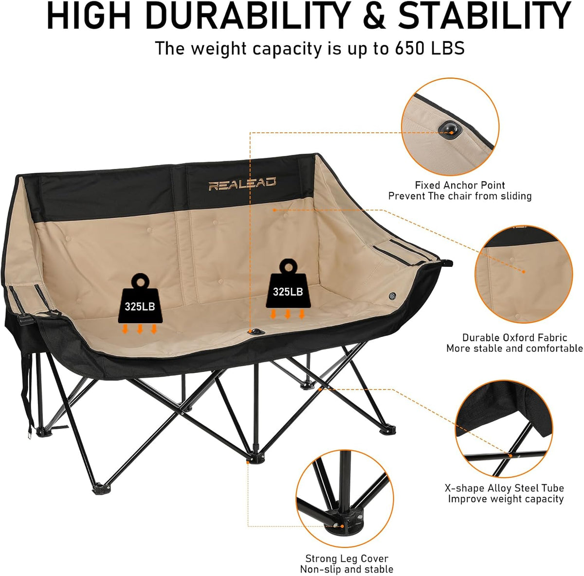 REALEAD Double Camping Chair Heavy Duty Camping Couch Support 650 lbs